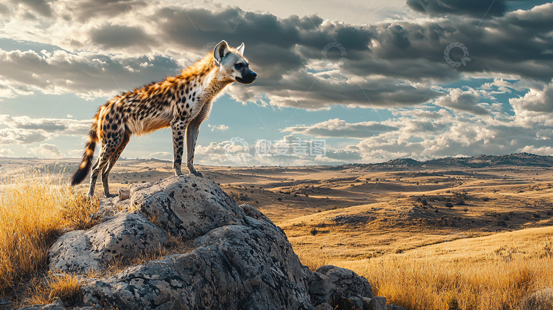 高清大图下载【趣麦麦图】鬣狗伫立岩石远眺非洲草原
