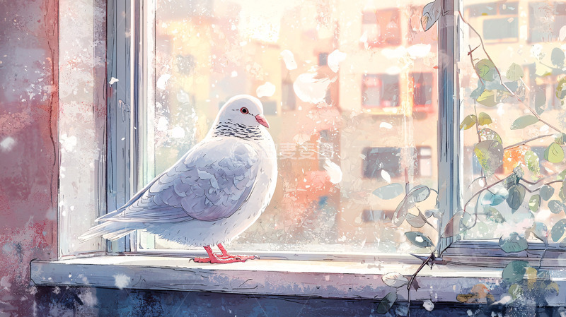 高清大图下载【趣麦麦图】窗台上休憩的白鸽