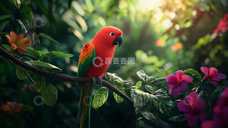 高清大图下载【趣麦麦图】红鹦鹉栖息枝头