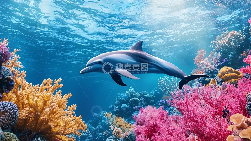高清大图下载【趣麦麦图】海豚与珊瑚礁