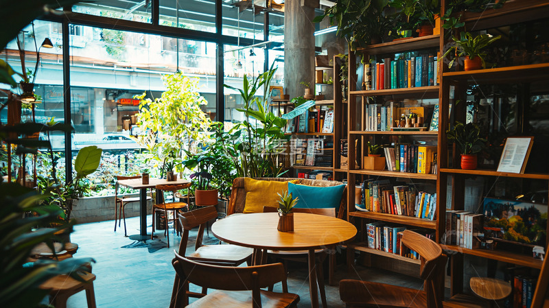 高清大图下载【趣麦麦图】绿植环绕的书店咖啡馆