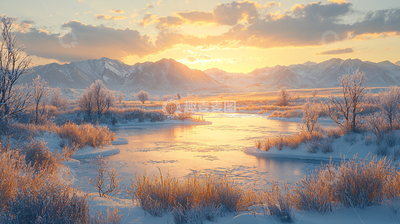 高清大图下载【趣麦麦图】冰雪覆盖的河流日出美景
