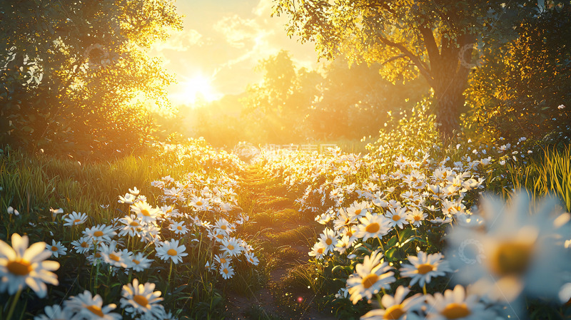 高清大图下载【趣麦麦图】阳光森林小路雏菊花海