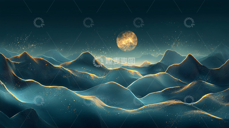 高清大图下载【趣麦麦图】山峦起伏金色月亮