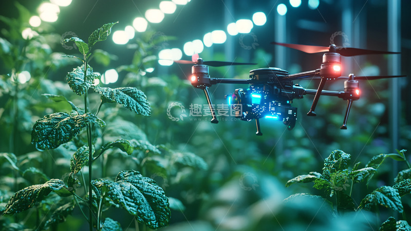 高清大图下载【趣麦麦图】夜间温室大棚无人机喷洒