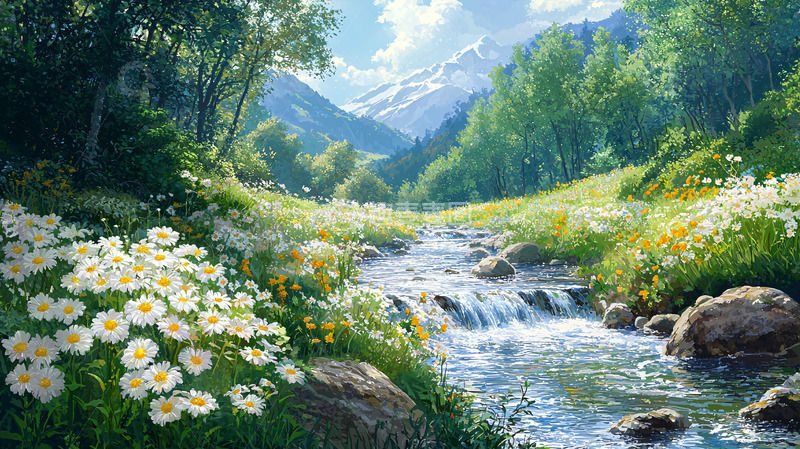 高清大图下载【趣麦麦图】山间溪流雏菊盛开