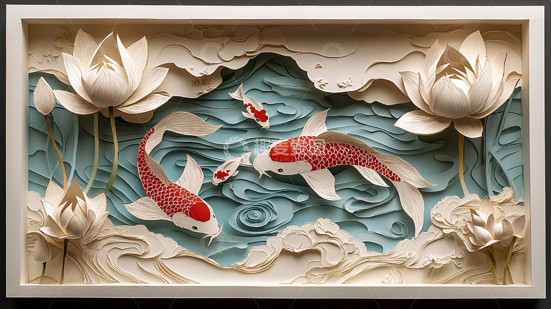 高清大图下载【趣麦麦图】纸雕鲤鱼荷花图