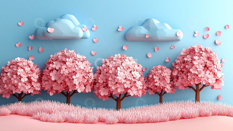 高清大图下载【趣麦麦图】粉色樱花树和白云的场景