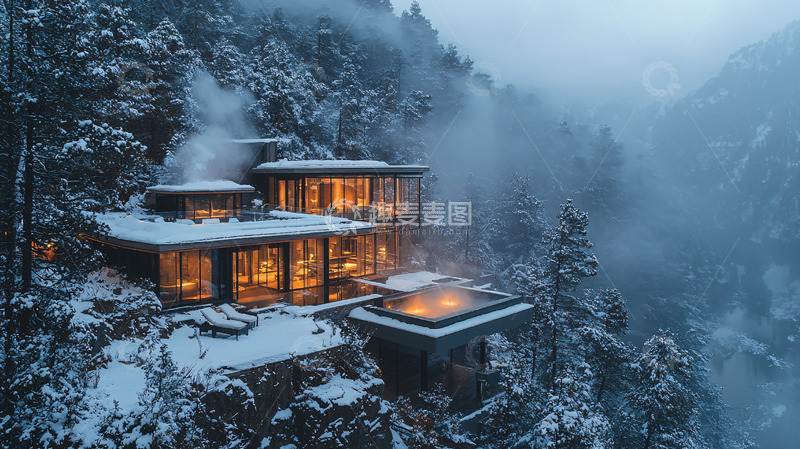 高清大图下载【趣麦麦图】雪山别墅夜景