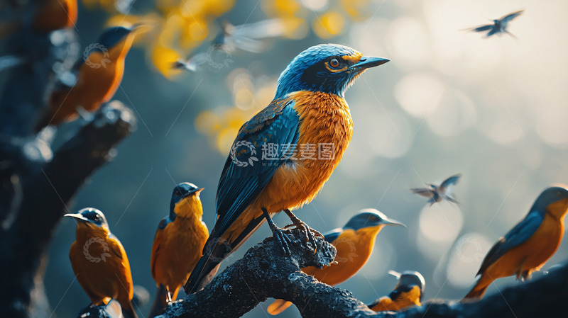 高清大图下载【趣麦麦图】蓝橙色鸟类群鸟树枝