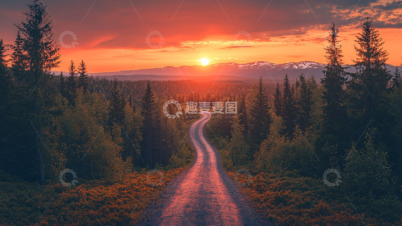 高清大图下载【趣麦麦图】林间公路日落美景
