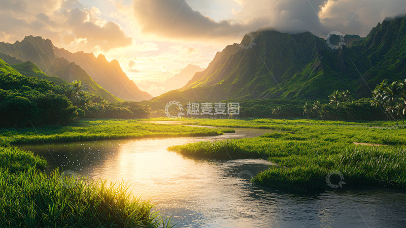 高清大图下载【趣麦麦图】山谷日落河流风景