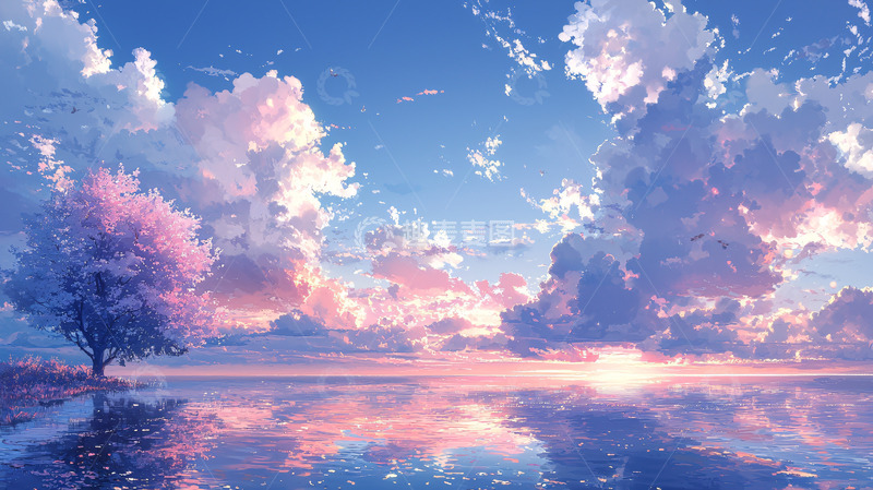 高清大图下载【趣麦麦图】粉色天空倒影在水面上的宁静