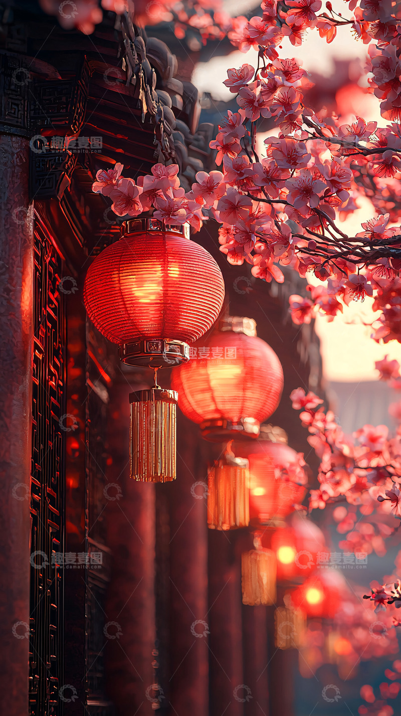 高清大图下载【趣麦麦图】红灯笼与盛开的桃花