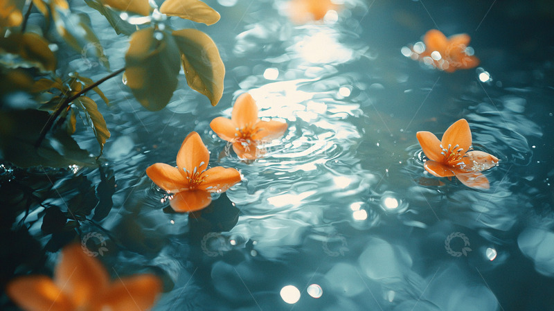 高清大图下载【趣麦麦图】水面漂浮橙色花朵