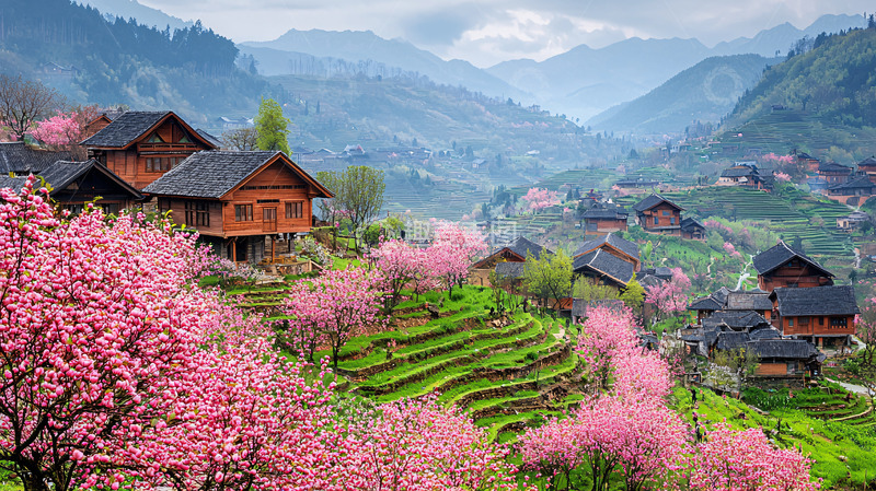 高清大图下载【趣麦麦图】山村桃花盛开梯田美景