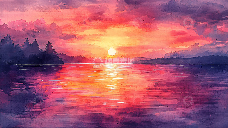 高清大图下载【趣麦麦图】水彩夕阳湖景
