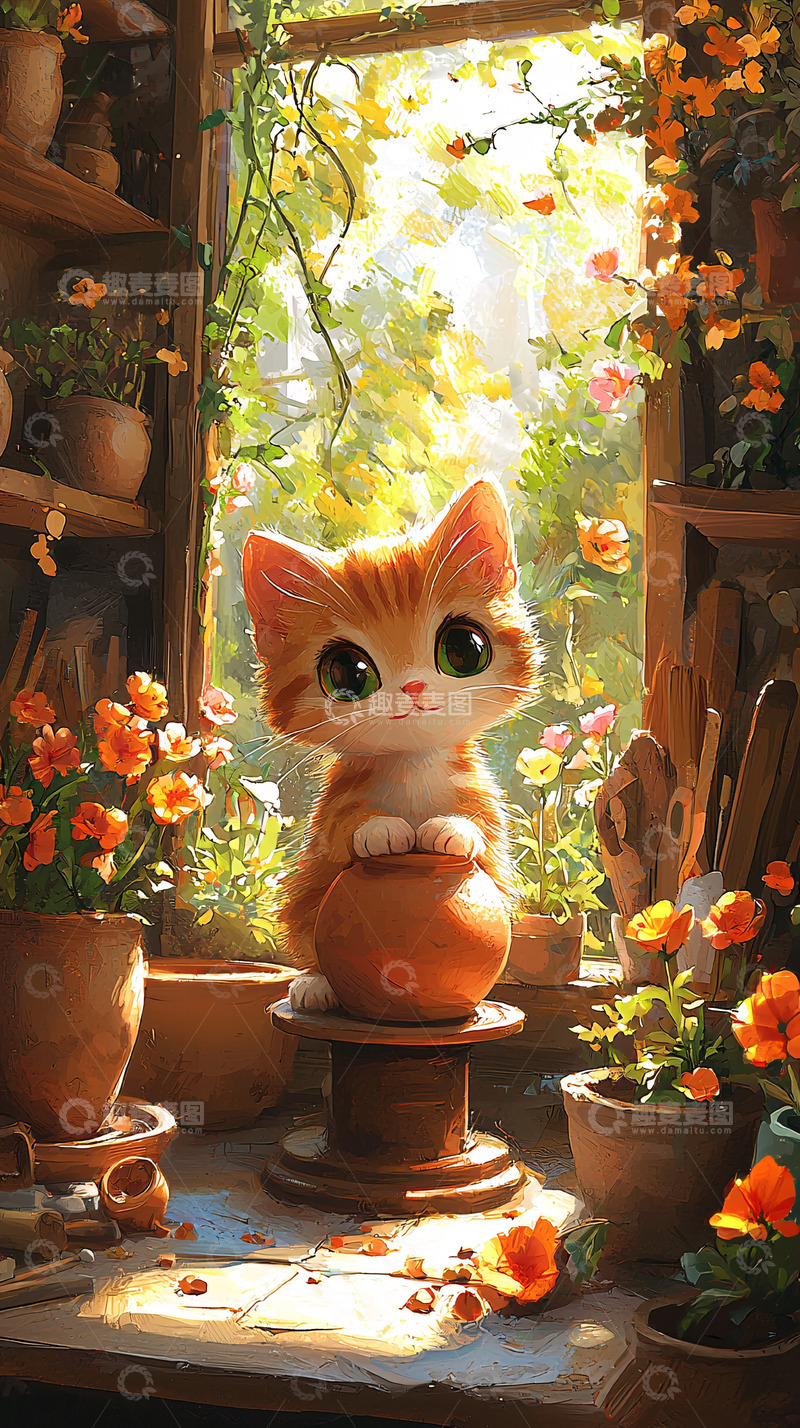 高清大图下载【趣麦麦图】可爱小猫在花盆旁