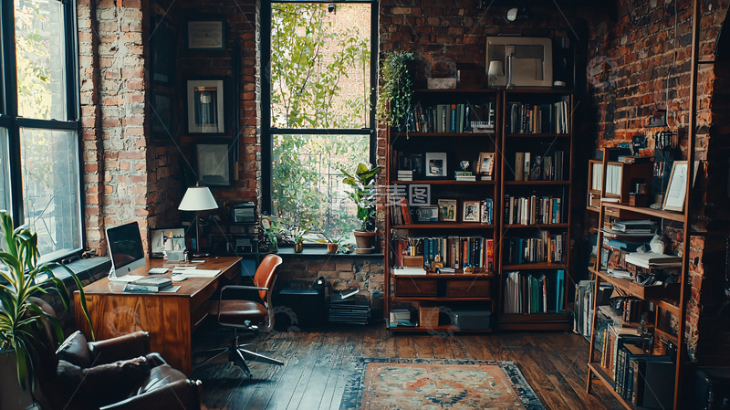 高清大图下载【趣麦麦图】复古砖墙书房
