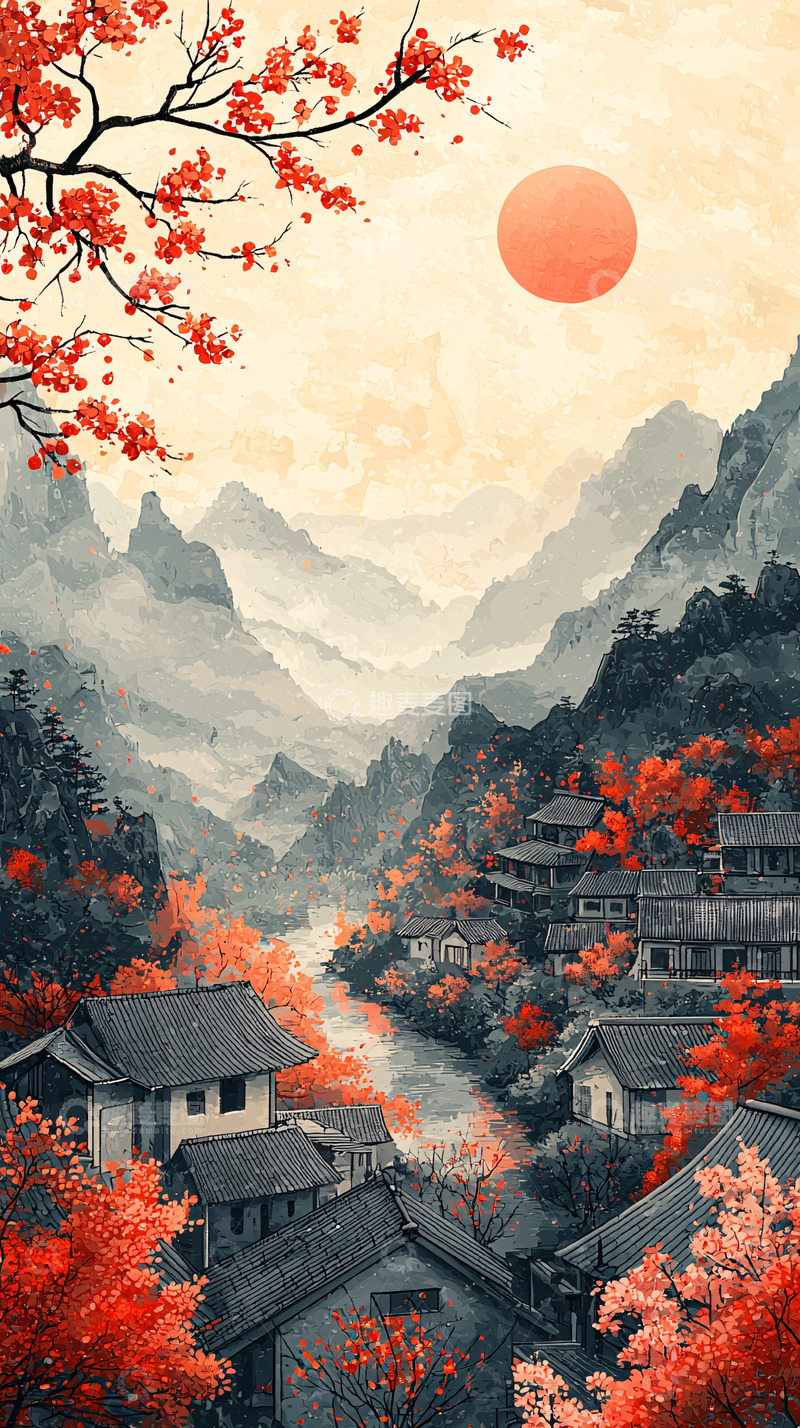 高清大图下载【趣麦麦图】红日山间村落