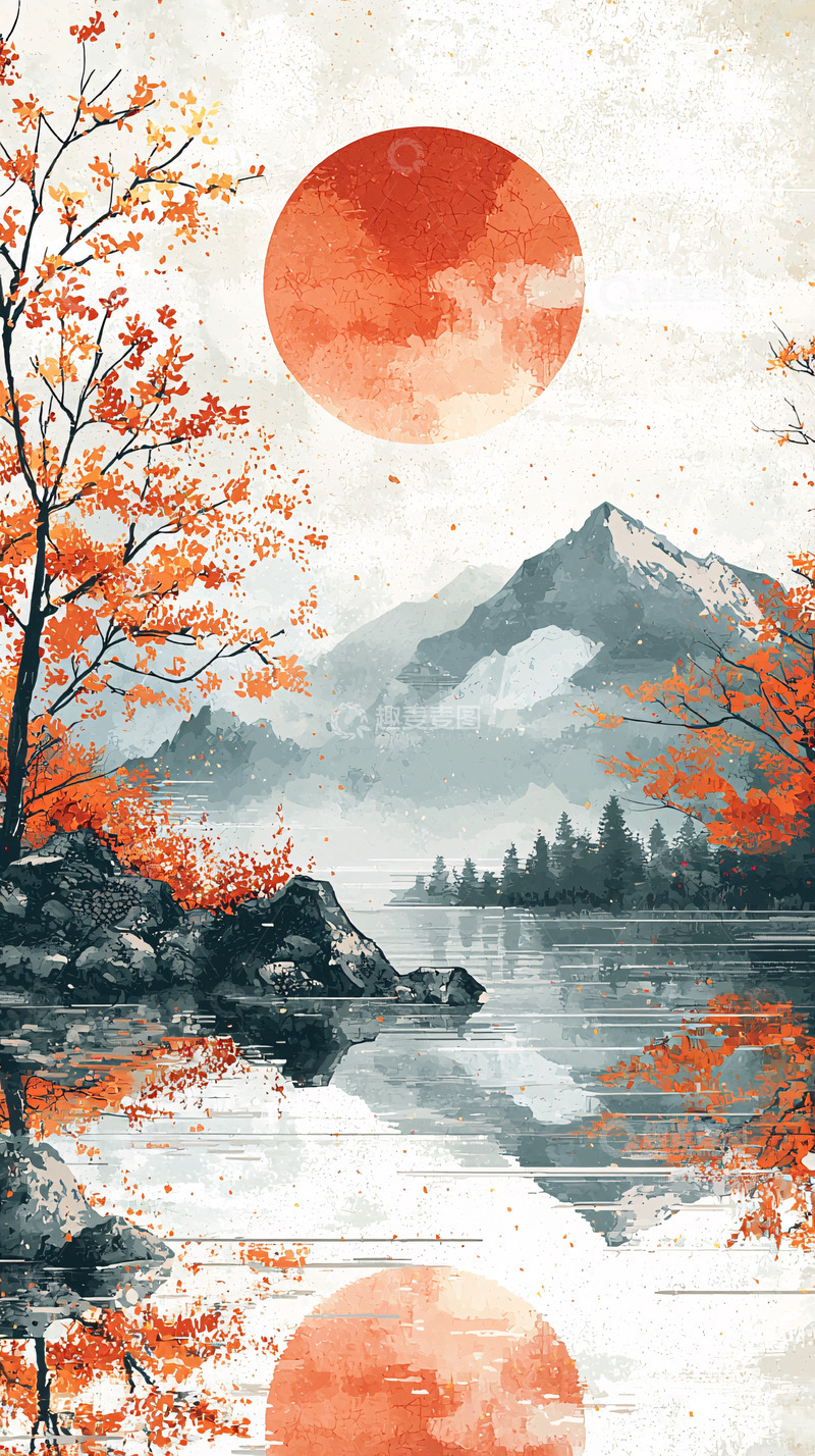 高清大图下载【趣麦麦图】日出湖面倒影山景图