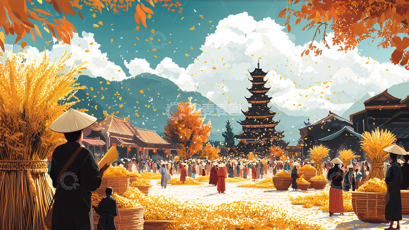 高清大图下载【趣麦麦图】秋收时节古镇景色