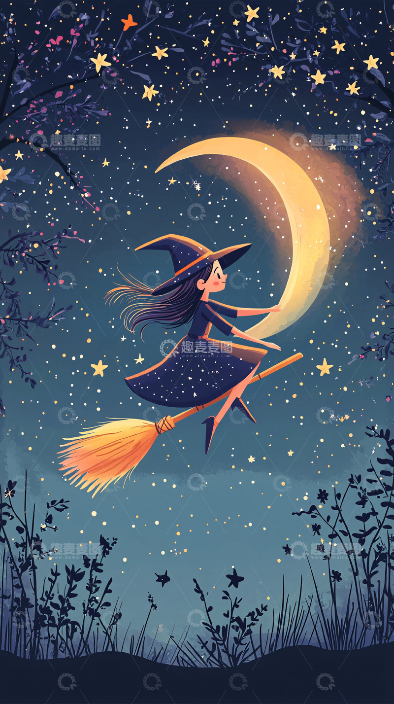 高清大图下载【趣麦麦图】可爱小魔女骑扫帚飞过夜空