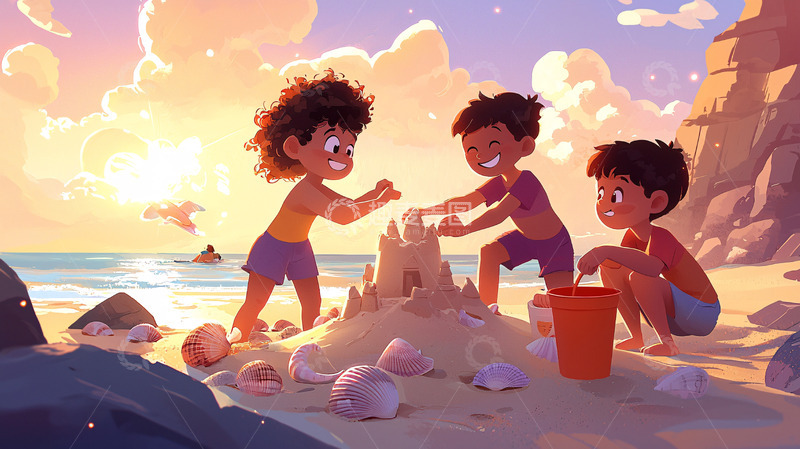 高清大图下载【趣麦麦图】沙滩上孩子们堆沙堡