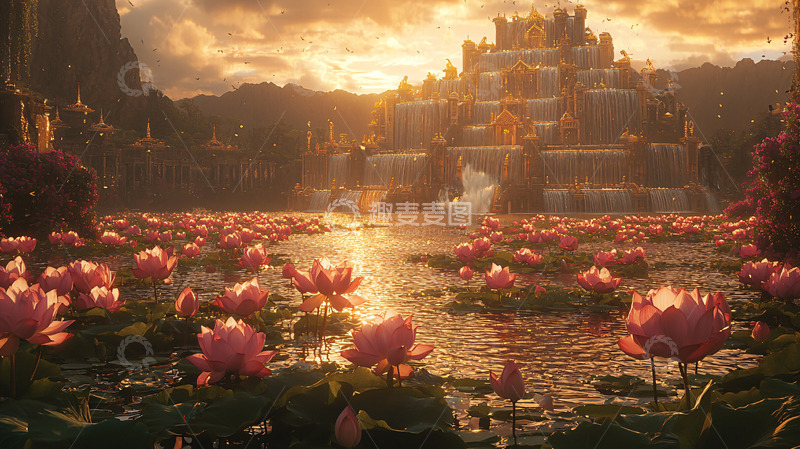 高清大图下载【趣麦麦图】奇幻城堡莲花湖美景