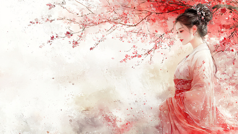 高清大图下载【趣麦麦图】红衣女子水墨画
