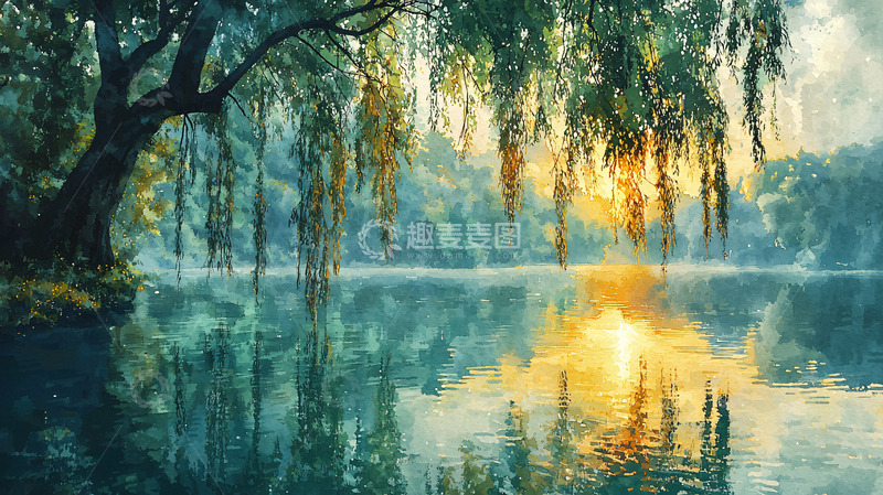 高清大图下载【趣麦麦图】清晨湖边垂柳风景