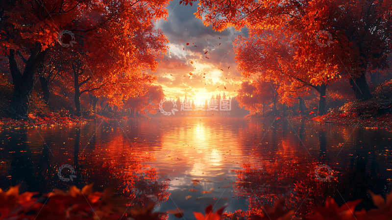 高清大图下载【趣麦麦图】秋日红枫湖光倒影