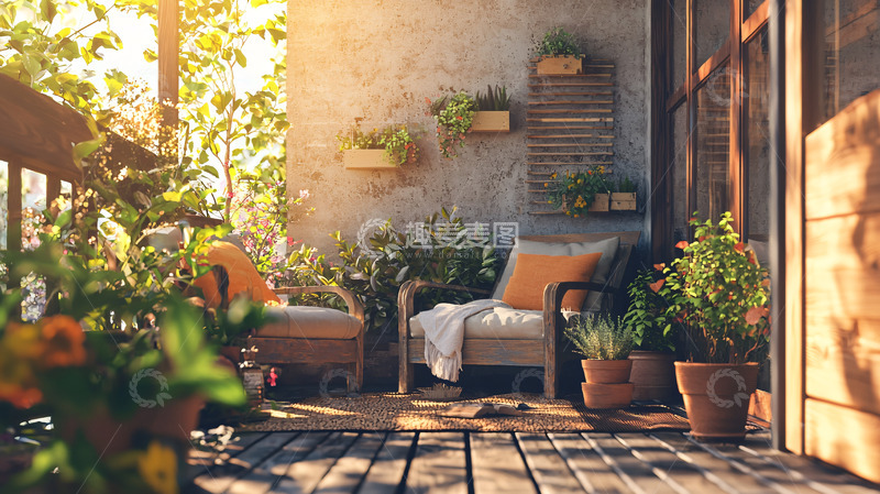 高清大图下载【趣麦麦图】阳光洒满阳台的休闲角落