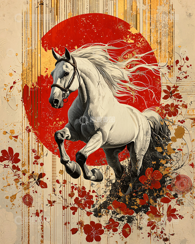 高清大图下载【趣麦麦图】日出白马奔腾图