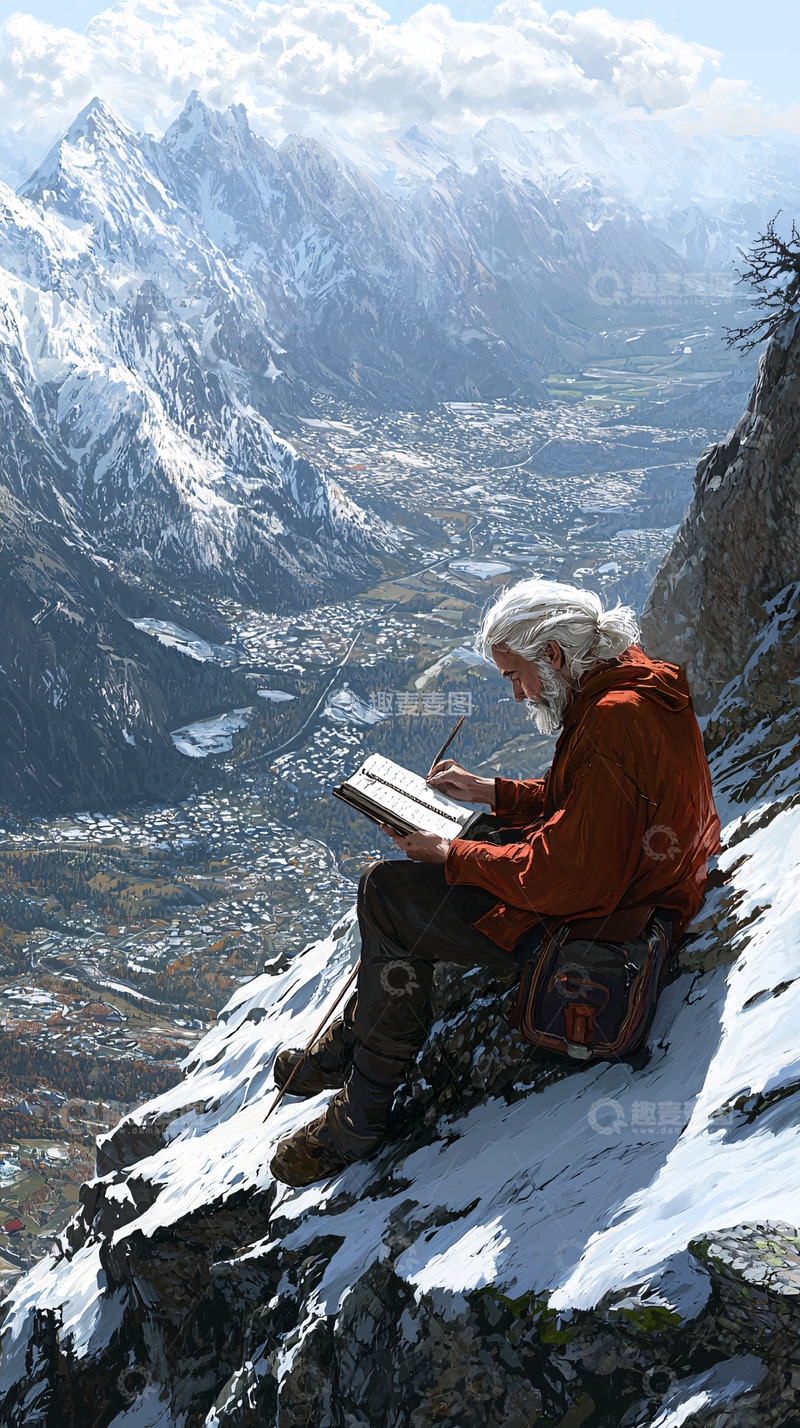 高清大图下载【趣麦麦图】山峰上的老人写生