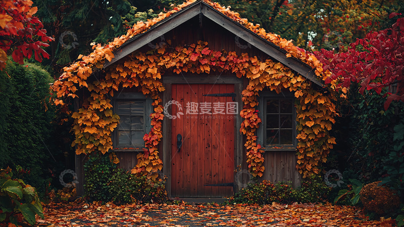 高清大图下载【趣麦麦图】秋叶覆盖的小木屋