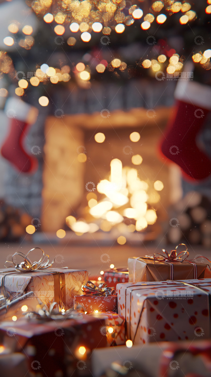 高清大图下载【趣麦麦图】圣诞节壁炉礼物