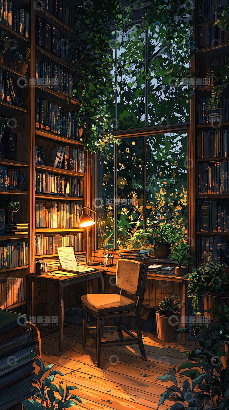 高清大图下载【趣麦麦图】绿植环绕的书房一角