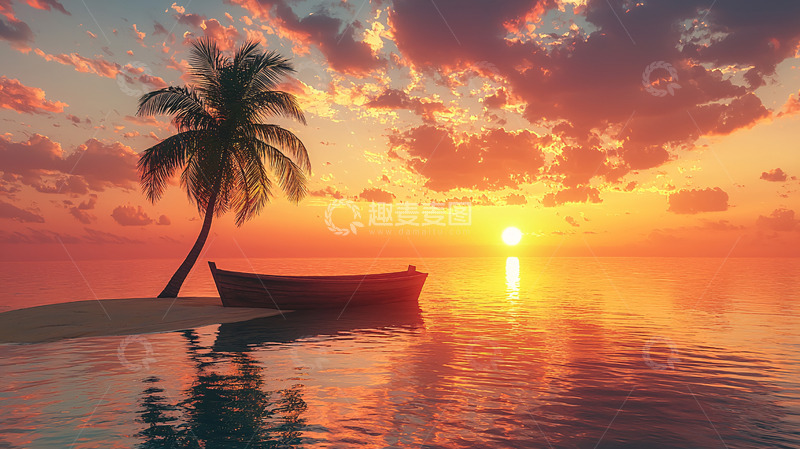 高清大图下载【趣麦麦图】热带海滩日落小船