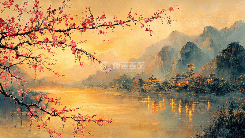 高清大图下载【趣麦麦图】夕阳下的粉红桃花与山河