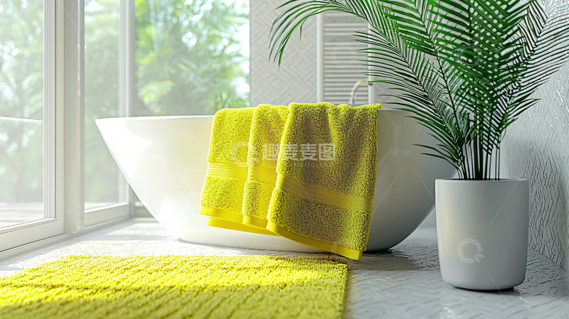 高清大图下载【趣麦麦图】明亮浴室黄色浴巾毛巾