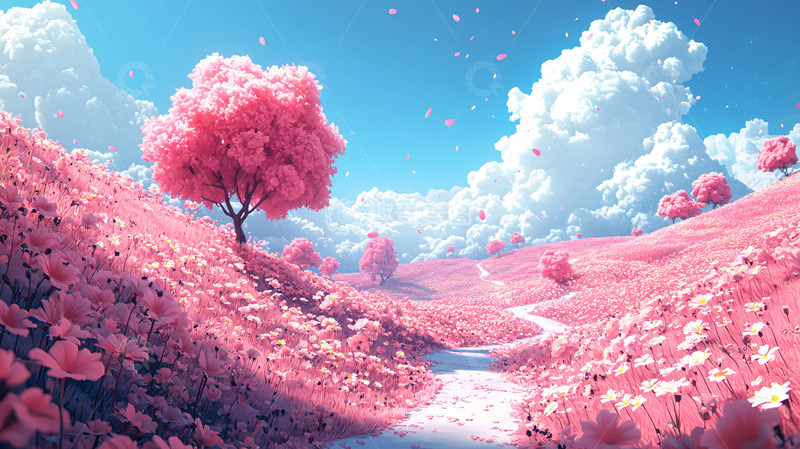高清大图下载【趣麦麦图】粉色花海蓝天白云