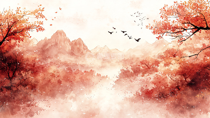 高清大图下载【趣麦麦图】红枫秋景山水画