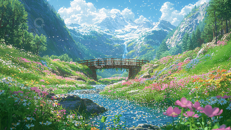 高清大图下载【趣麦麦图】山间小桥流水鲜花
