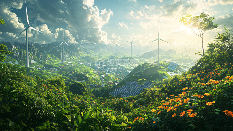 高清大图下载【趣麦麦图】绿色环保山峦风力发电