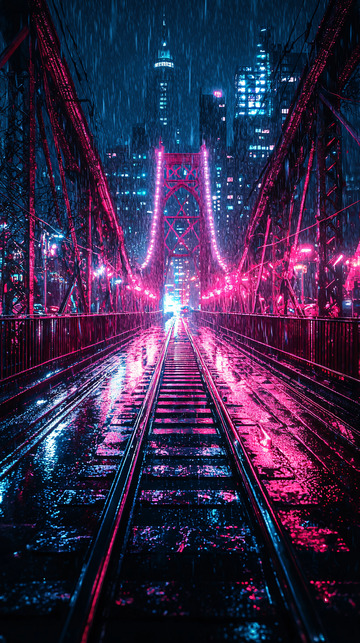 雨夜霓虹桥梁铁轨城市夜景