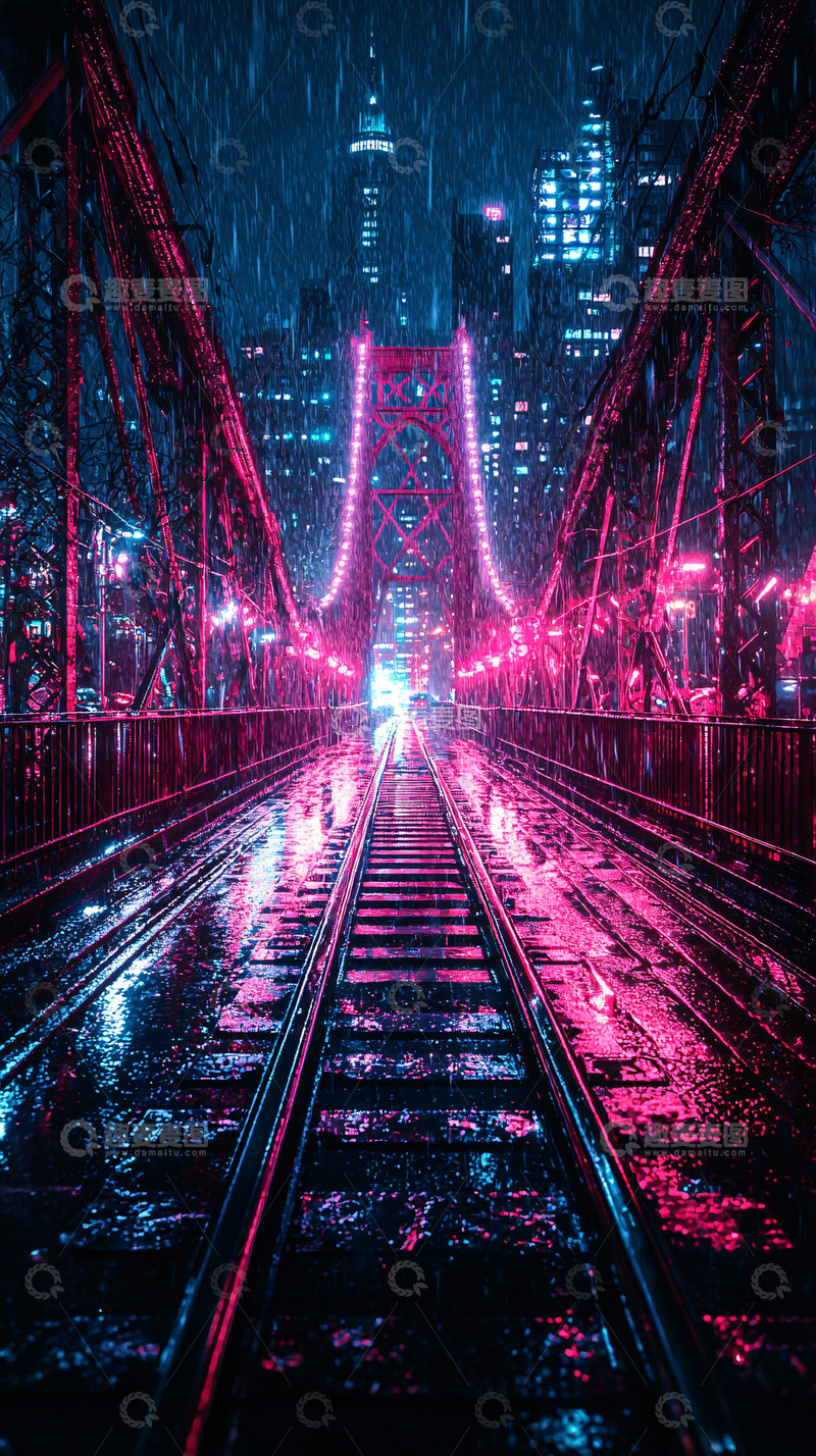 高清大图下载【趣麦麦图】雨夜霓虹桥梁铁轨城市夜景