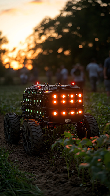 田园日落下的农业机器人