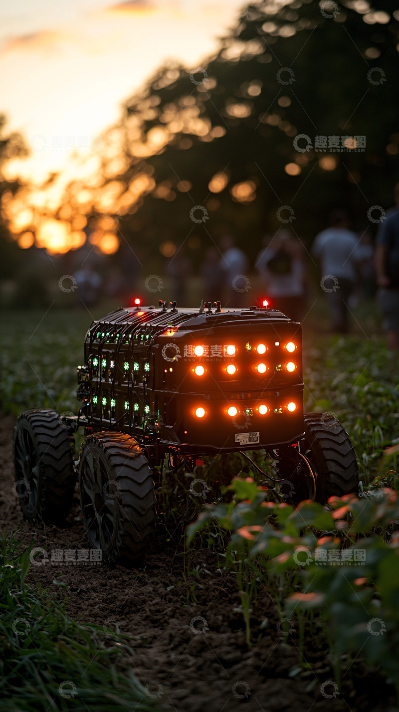 高清大图下载【趣麦麦图】-田园日落下的农业机器人