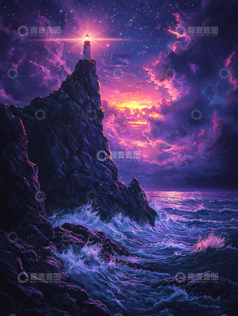 高清大图下载【趣麦麦图】星空下的灯塔